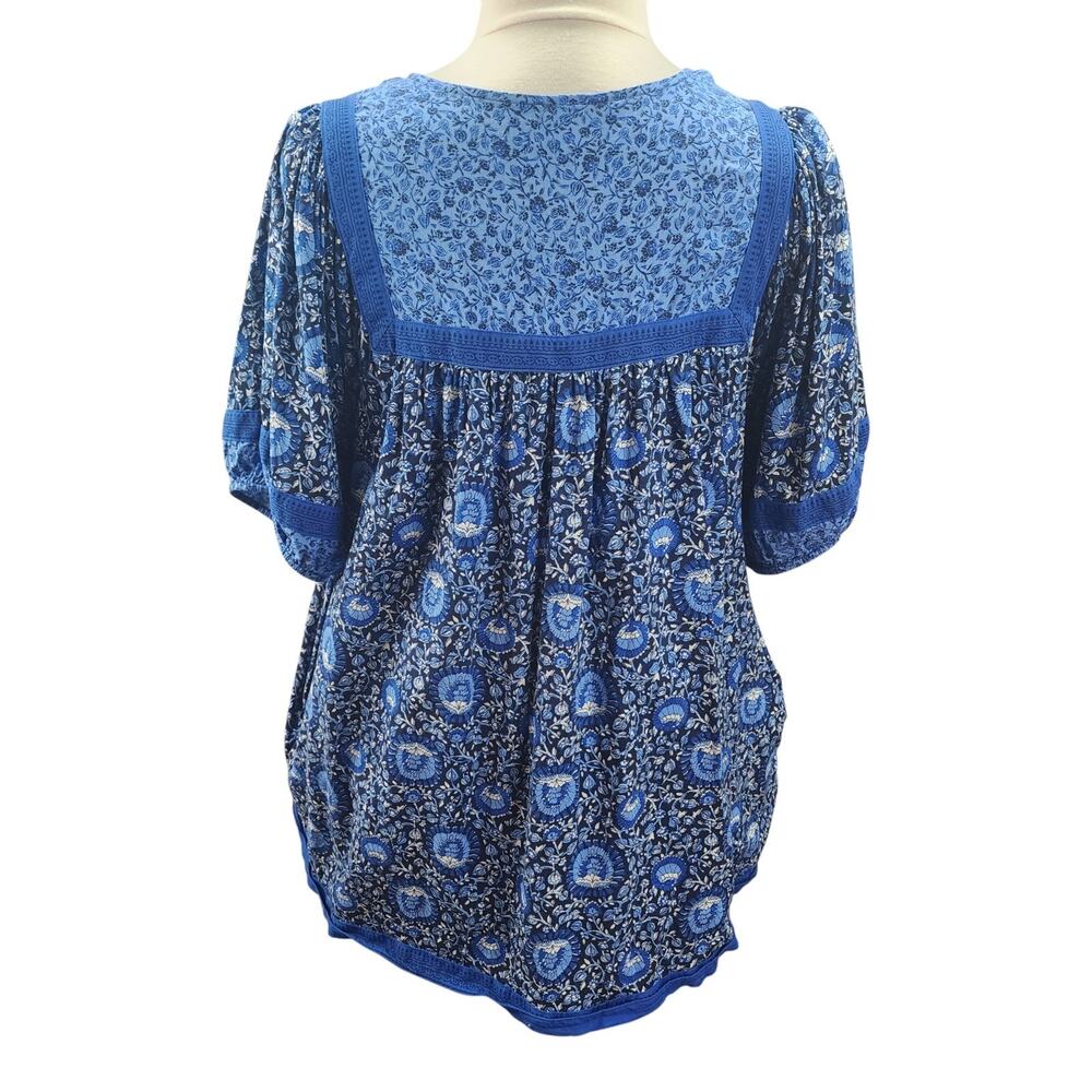 Old Navy Womens 2X Blue Floral Peasant Blouse Boho Hippie Cottagecore Pockets - Picture 5 of 13